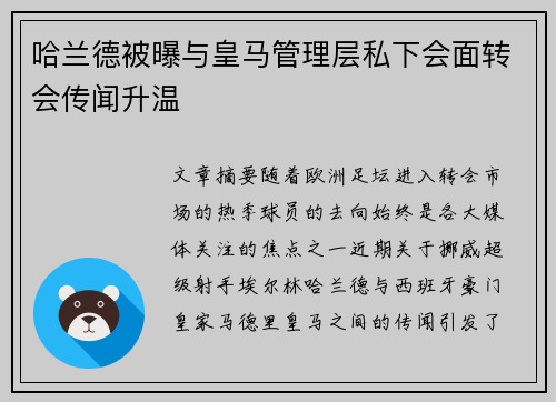 哈兰德被曝与皇马管理层私下会面转会传闻升温